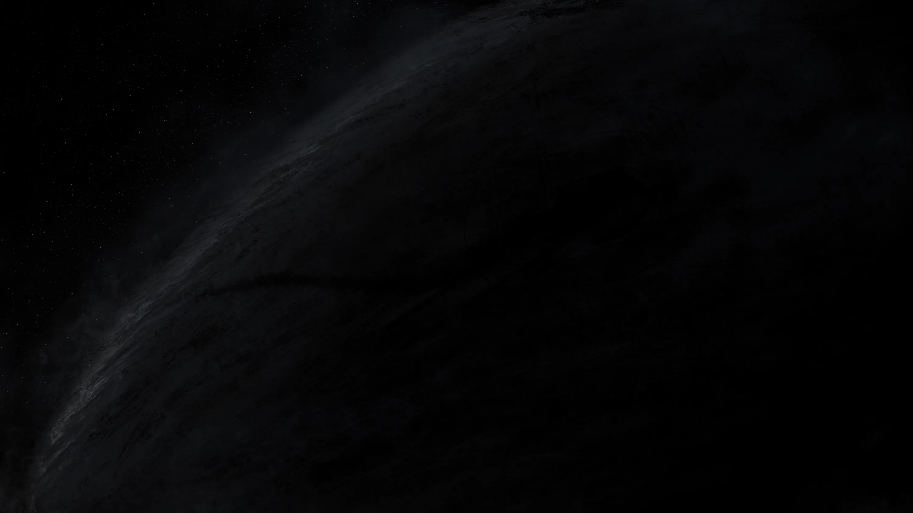 A pale edge of light curves up from the lower left across a black field, the surface reading like fur or smoke where it catches the glow.