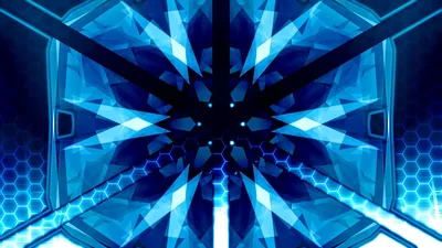 Shards of electric blue fan out symmetrically from a dark centre, with a faint hexagon grid running along the lower half of the frame.