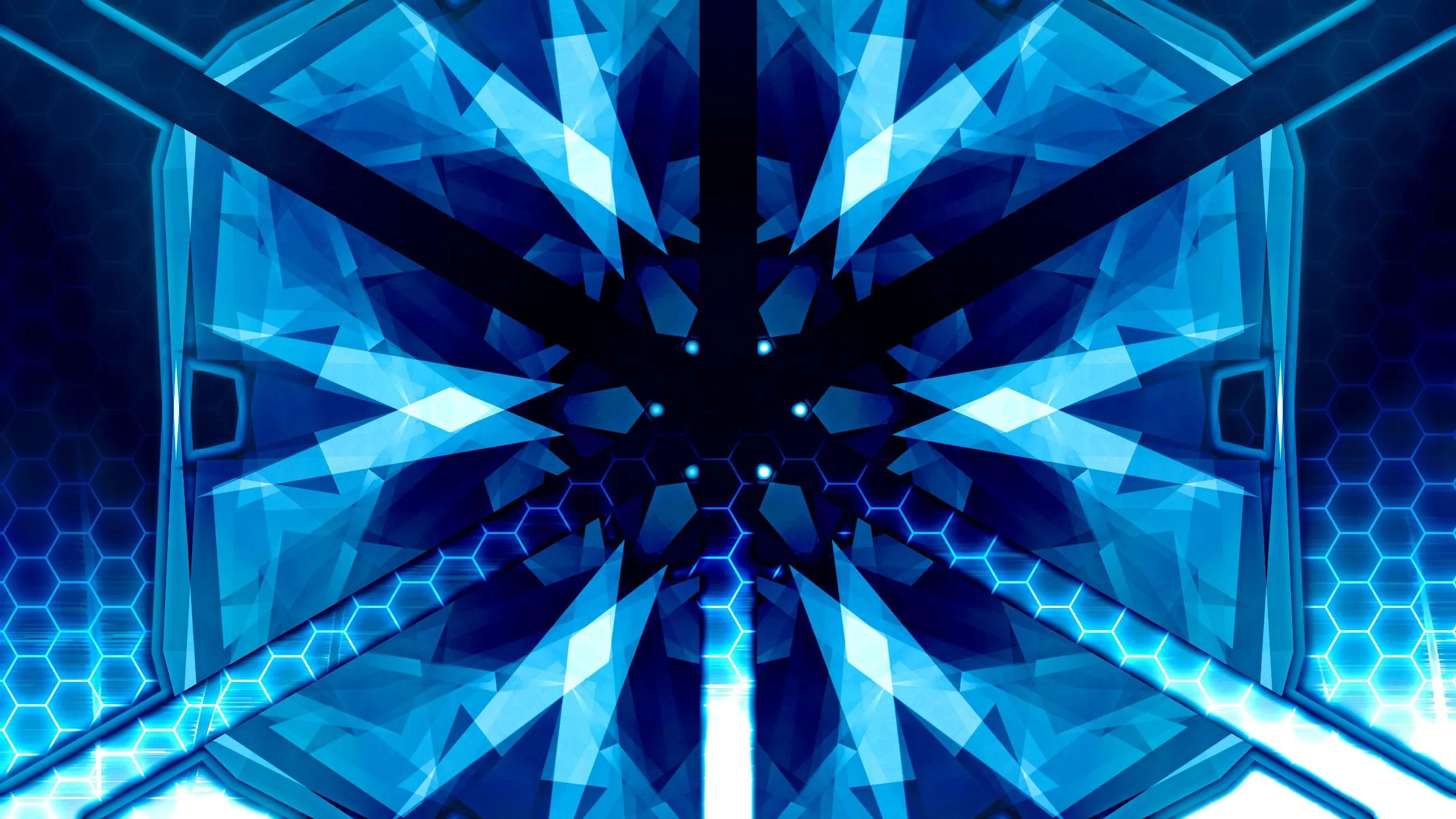 Shards of electric blue fan out symmetrically from a dark centre, with a faint hexagon grid running along the lower half of the frame.