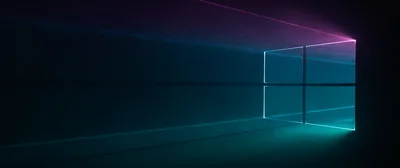 A thin window outline stands in a dark ultrawide space, teal light on the floor and pink light along the top.