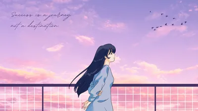 A girl in a pale blue coat leans on a balcony rail under a pink and lilac sky, a handwritten line of text in the top-left corner and birds crossing the right.