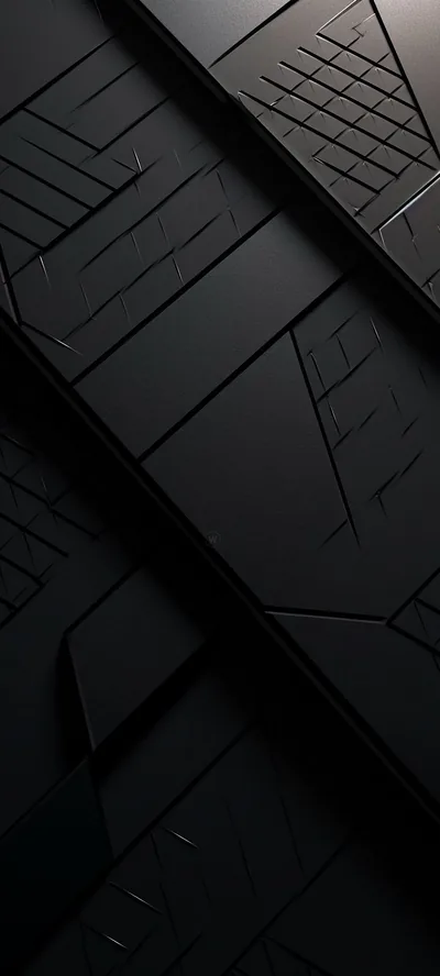 Angled slabs of dark panelling carved with fine circuit-style lines, a weak light entering from the top right while the lower half sinks to full black for icons.