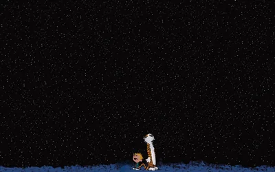 Calvin and Hobbes lie on the grass at the bottom centre, dwarfed by a huge speckled star field that fills the rest.