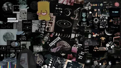 Hundreds of small cutouts — planets, cassettes, tickets, a yellow cartoon face top left — are packed edge to edge with almost no gaps.