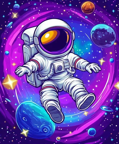 Cartoon astronaut tumbling through a purple swirl dotted with stars and small planets, drawn in a bright sticker-like style for a playful phone screen.