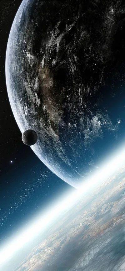 A shadowed rocky planet and its small moon loom over a blinding sliver of sunrise, a second planet surface filling the bottom of the frame.
