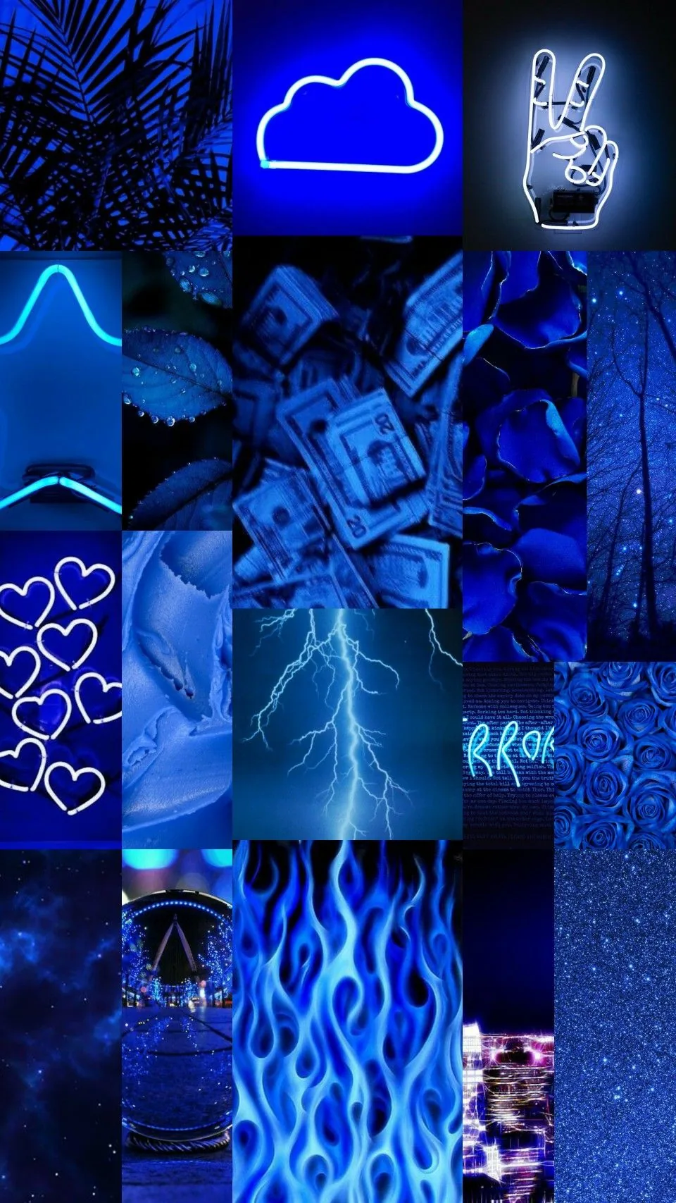 Neon doodles, dice, lightning bolts, and blue flames tile a phone-height grid, every square washed in royal blue, the darkest cells sitting along the left column.