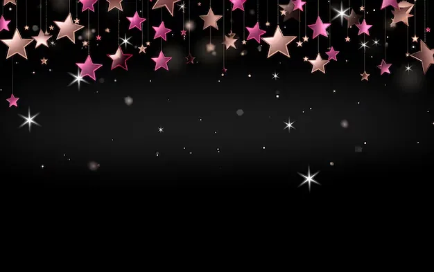 Pink and copper stars dangle on thin threads from the top edge, leaving the lower two thirds clear black for a lock screen clock.