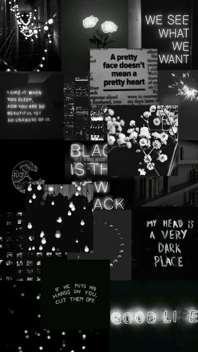 Black and white photos and bold quote cards are tiled together, small lights and blooms breaking up the grid.