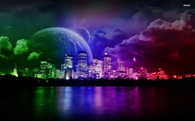 Greens, blues and reds wash over a city skyline and its harbour reflection, a huge planet climbing through the clouds behind the towers.