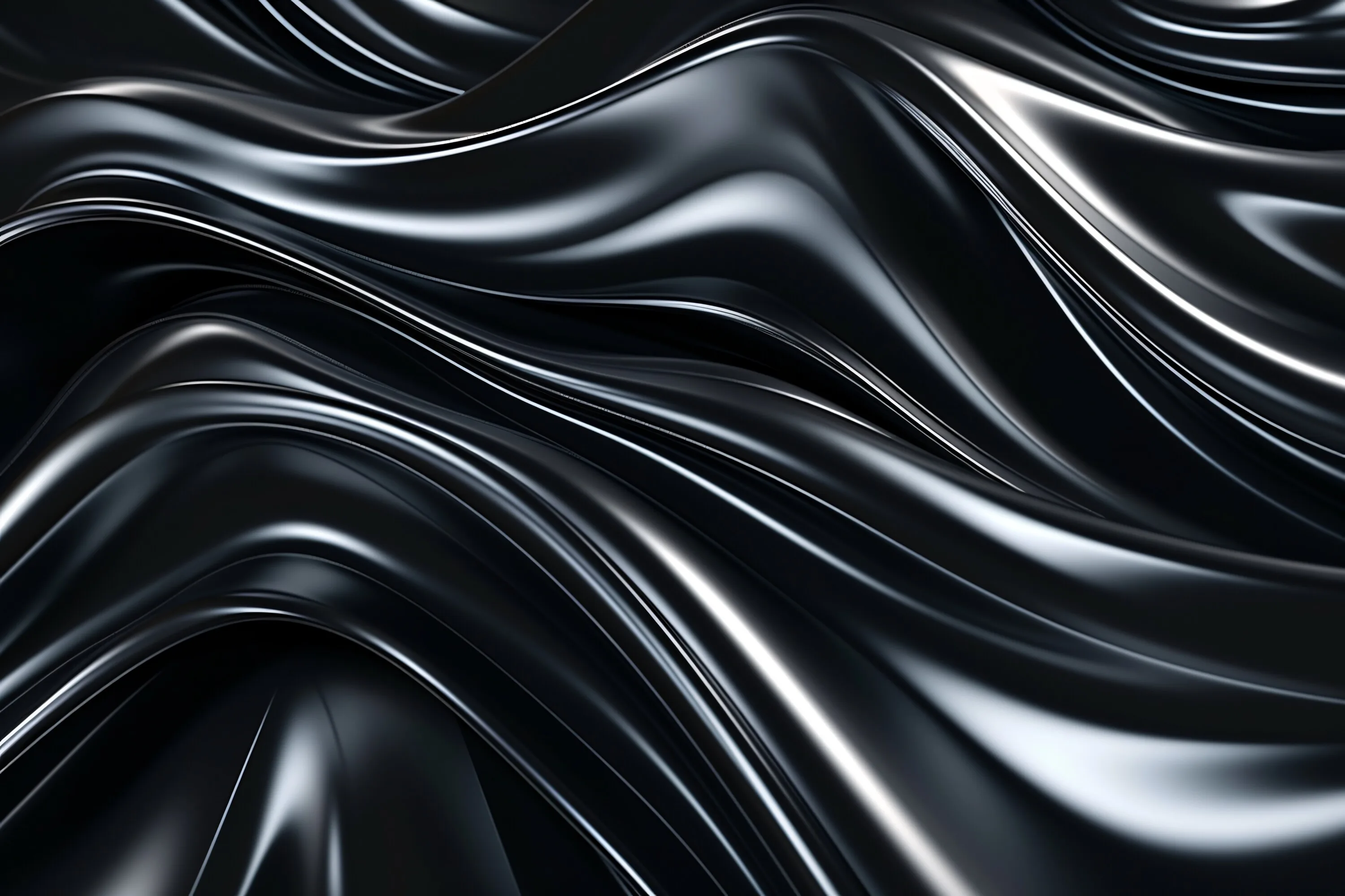 Folds of shining black fabric ripple diagonally across the frame, sharp white highlights running along every crest.