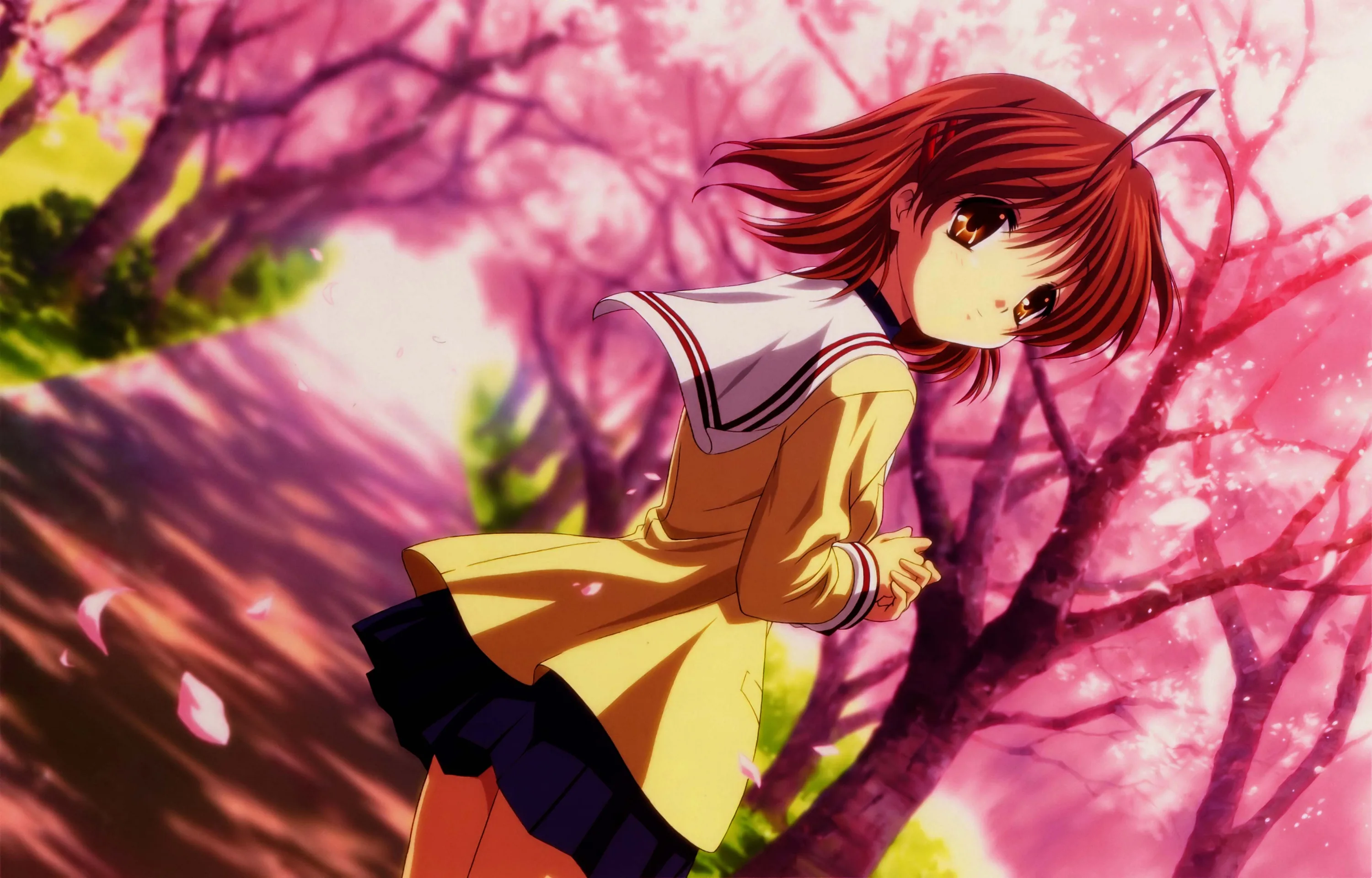 Nagisa of Clannad glances back in her school uniform on a path lined with pink cherry blossoms, petals drifting through the tilted frame.