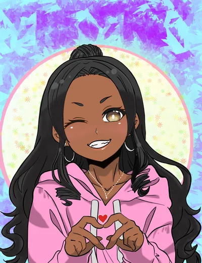 Long dark hair and a top knot, one eye winking, hands forming a heart in front of a pink hoodie against a violet brushed background.