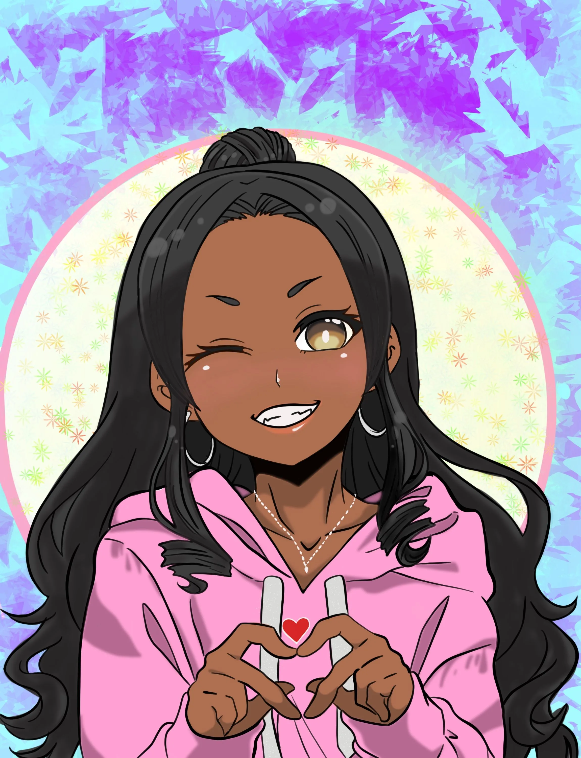 Long dark hair and a top knot, one eye winking, hands forming a heart in front of a pink hoodie against a violet brushed background.