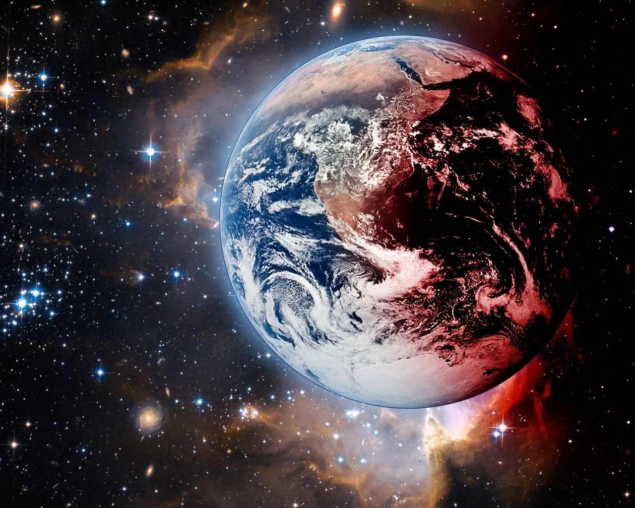 Pink-red nebula clouds wrap the planet's right limb and tint its clouds crimson, a dense blue star cluster filling the left margin.