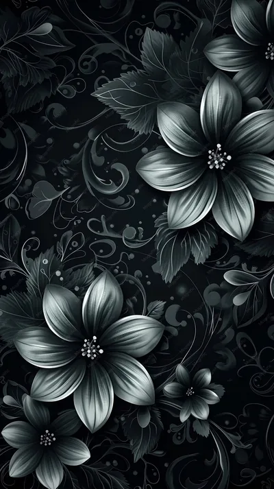 Two large five-petal flowers in polished silver sit over a black damask of scrolls and leaves, arranged for a tall phone screen.