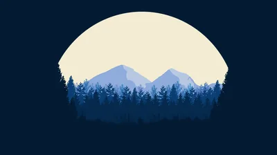 A huge pale sun disc rises behind blue mountains and a dense band of conifers, the rest of the frame left as flat navy.