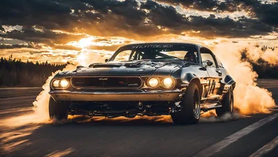 An old fastback lays a wall of smoke across a rural road, the sun breaking through the cloud directly behind it and rimming the bonnet scoop.