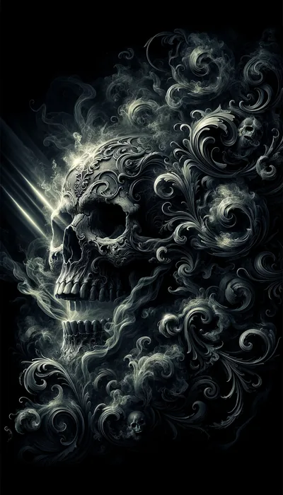 A skull sits off-centre in the upper frame, its crown dissolving into filigree scrollwork and pale smoke against near-black.