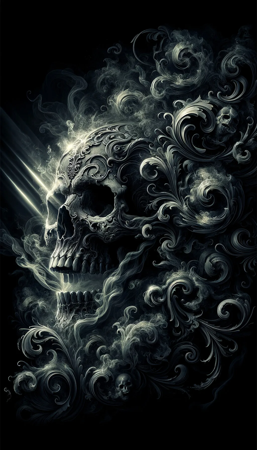A skull sits off-centre in the upper frame, its crown dissolving into filigree scrollwork and pale smoke against near-black.