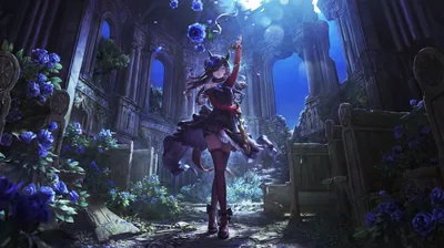 She spins between broken columns overgrown with blue roses, moonlight falling from a gap in the ruined roof behind her.