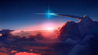 Digital artwork of a cross-flared blue star trailing smoke above pink sunset cumulus — the dark upper third keeps a phone clock easy to read.