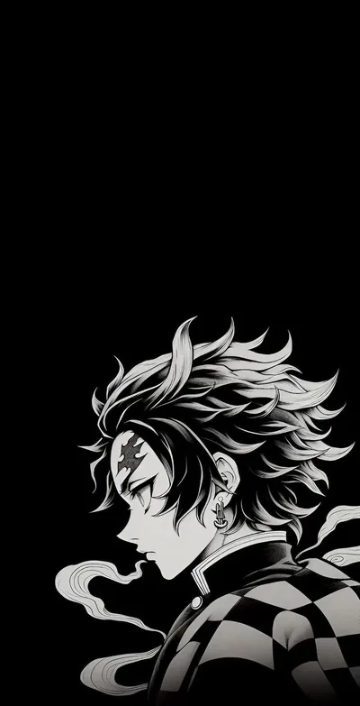 Tanjiro's profile in sharp black-and-white manga inks sits in the lower half, scar and checkered haori visible — the top half is pure black for the clock.