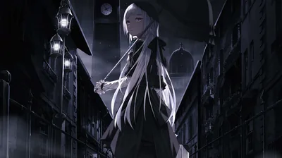 A white-haired figure draws a blade in an old European street, gas lamps burning down the left side and the sky washed out grey.