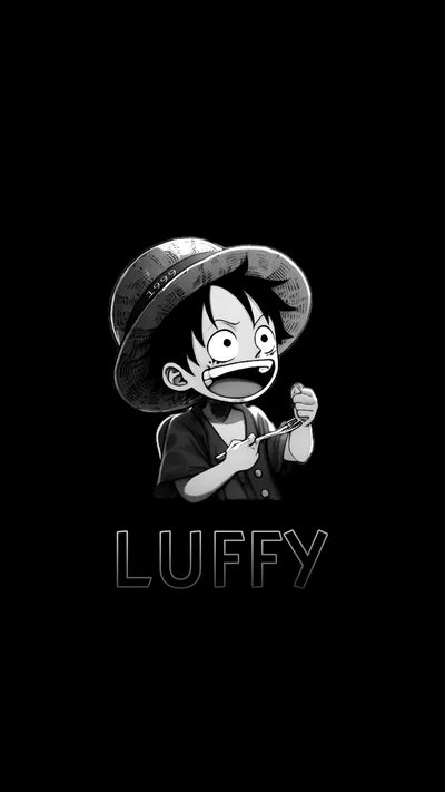 A grayscale chibi Luffy in his straw hat above LUFFY lettering, everything beyond the small figure held at solid black for OLED screens.