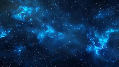 Bright cyan gas clouds hang in three clusters across a dense field of stars, the space between them left almost black.