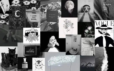 Magazine covers, film stills and small prints tile the frame in monochrome with a neon sign near the bottom.