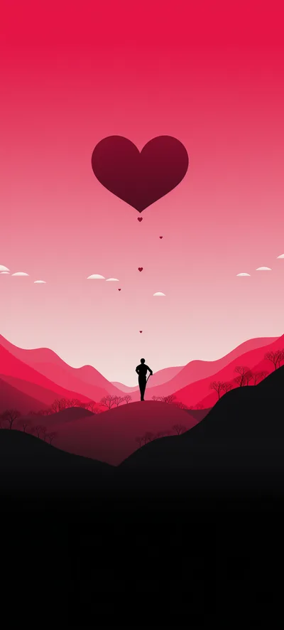A lone figure watches a heart-shaped balloon drift over layered crimson hills, the lower third dropping to near-black.