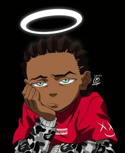 A boy in a red hoodie rests his chin on his hands with a bored look, a white halo hovering above him on solid black.