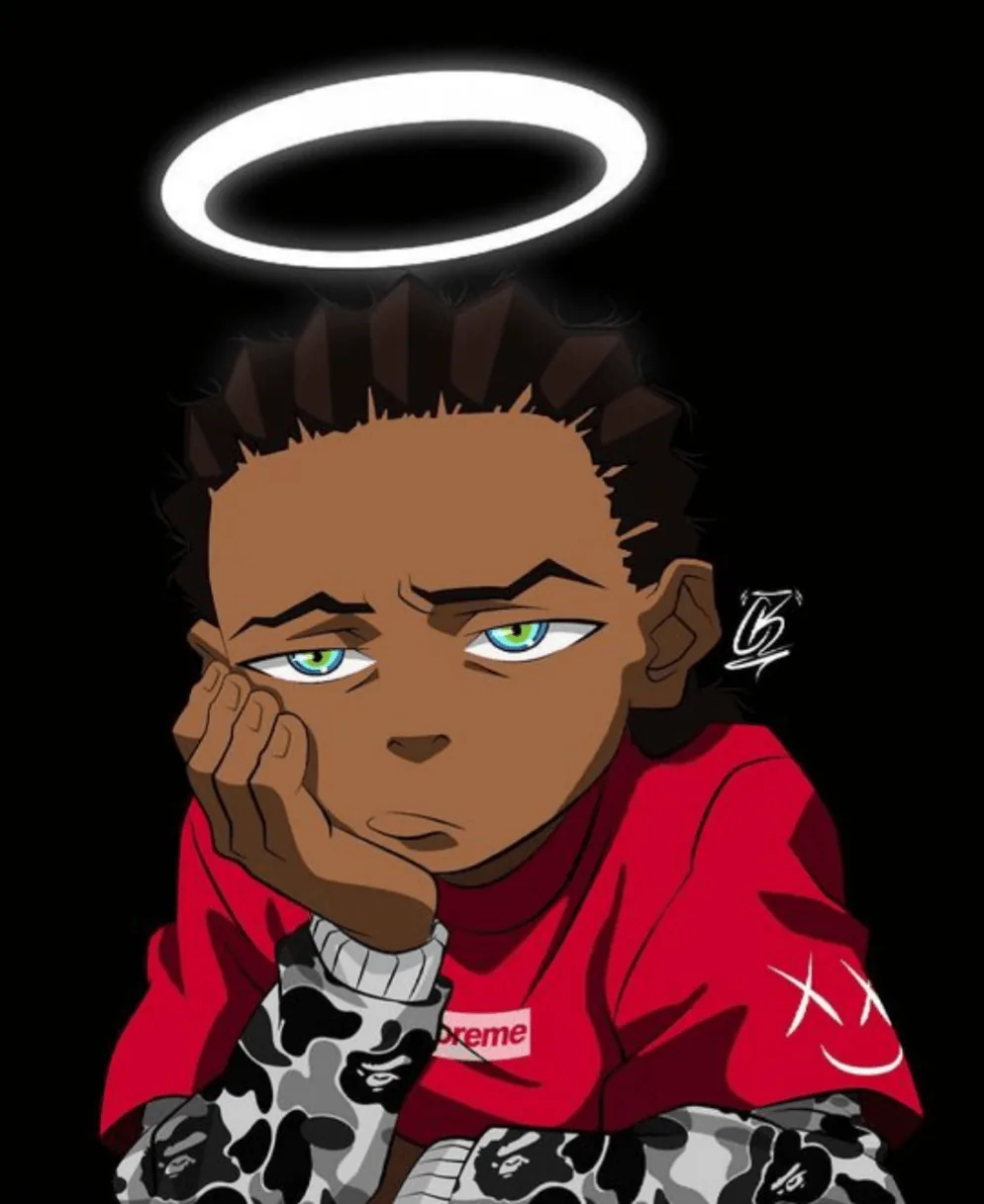 A boy in a red hoodie rests his chin on his hands with a bored look, a white halo hovering above him on solid black.