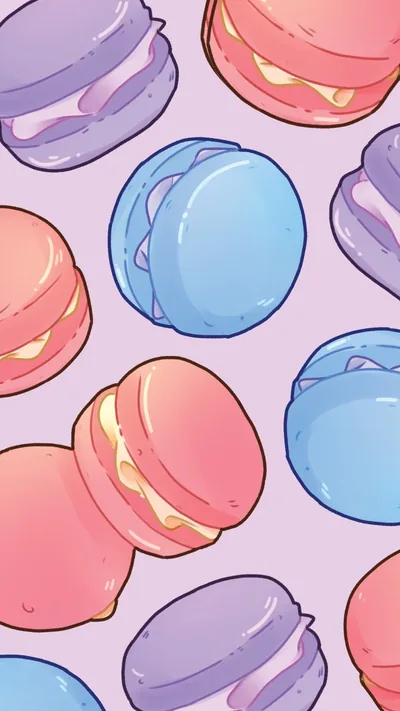 Pink, blue and violet macarons tilt at alternating angles across lilac, a repeating print with no single focus, so any icon layout works.