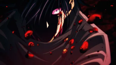 A sorcerer sits half-buried in shadow, red embers scattered over a torn dark uniform and one violet strand of hair falling across the face.