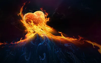 A heart wrapped in orange flame hovers over a cold blue haze, the two colours meeting in a ragged line.