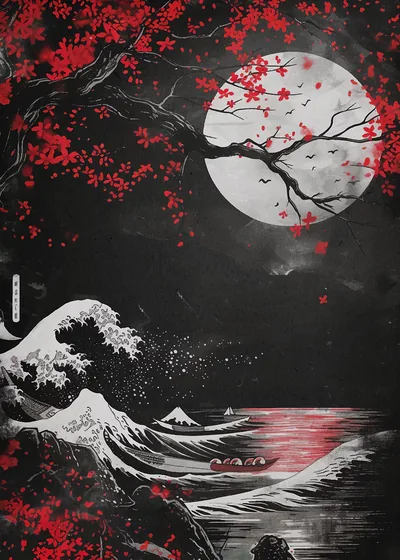 A white full moon rises behind red maple sprays while stylised waves carry a small boat below — tall framing that suits a phone lock screen.