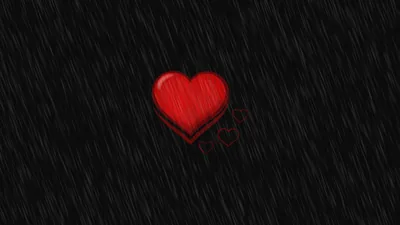 Rain streaks slant through a black night while one glossy red heart holds the centre, smaller outlines dissolving just beneath it.