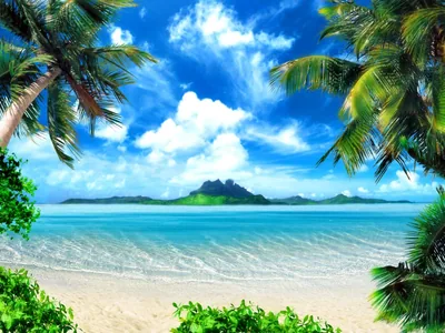 A saturated mural-style composite: palm fronds frame a green island across a clear lagoon, with sand and foliage anchoring the corners.