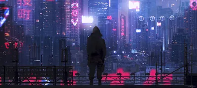 Seen from behind on a railing-lined roof, a hooded figure faces a wall of rose-lit towers, the ultrawide strip's lower edge staying nearly black.