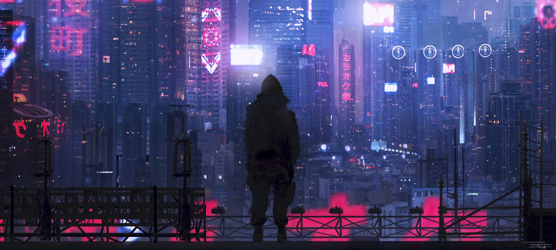 Seen from behind on a railing-lined roof, a hooded figure faces a wall of rose-lit towers, the ultrawide strip's lower edge staying nearly black.