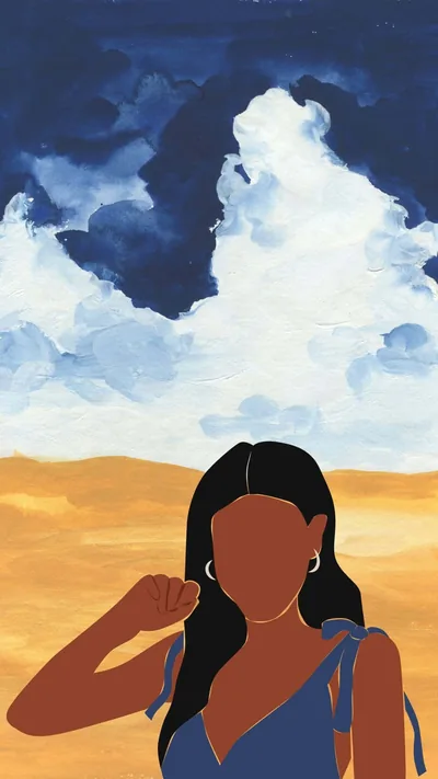 An acrylic-style painting of a faceless woman in a blue dress before an ochre field, huge white clouds filling the sky where the clock sits.