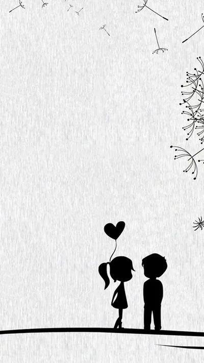Two small cartoon figures stand on a low hill on textured off-white paper, one holding a heart-shaped balloon while dandelion seeds blow across the top right.