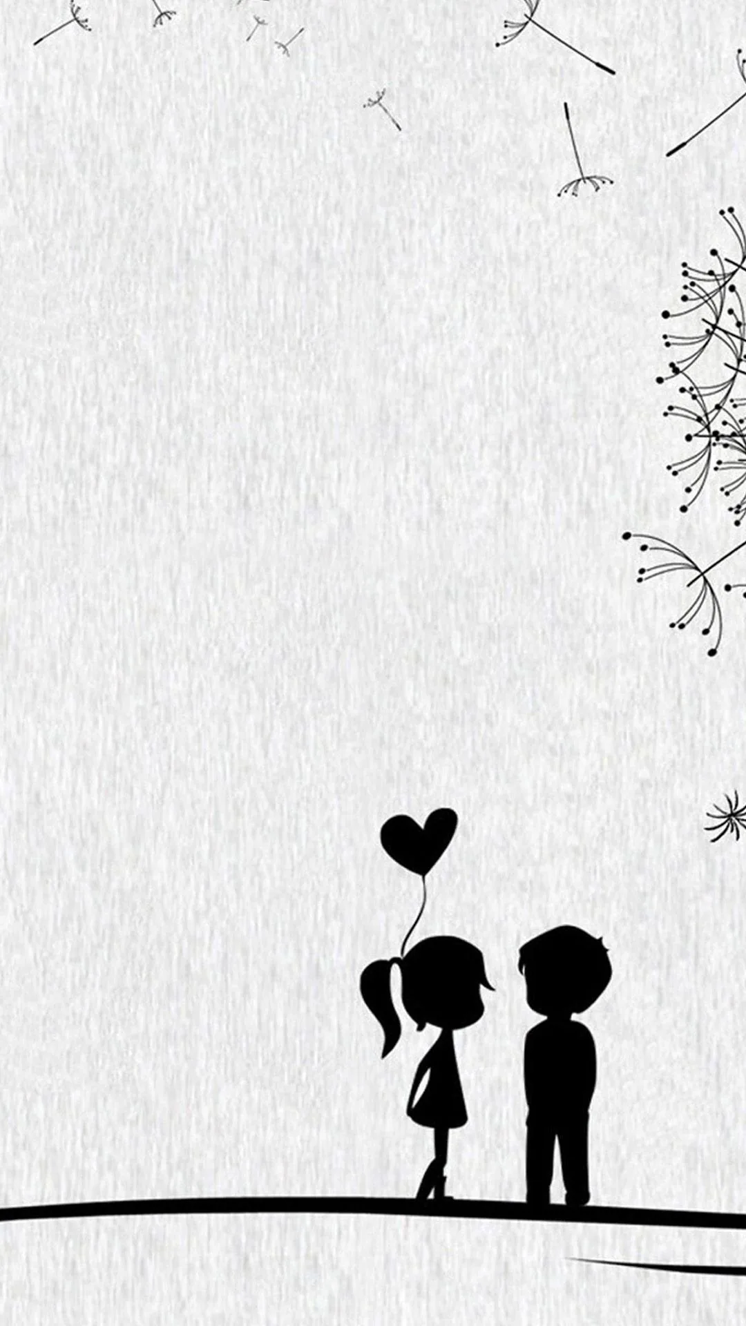 Two small cartoon figures stand on a low hill on textured off-white paper, one holding a heart-shaped balloon while dandelion seeds blow across the top right.
