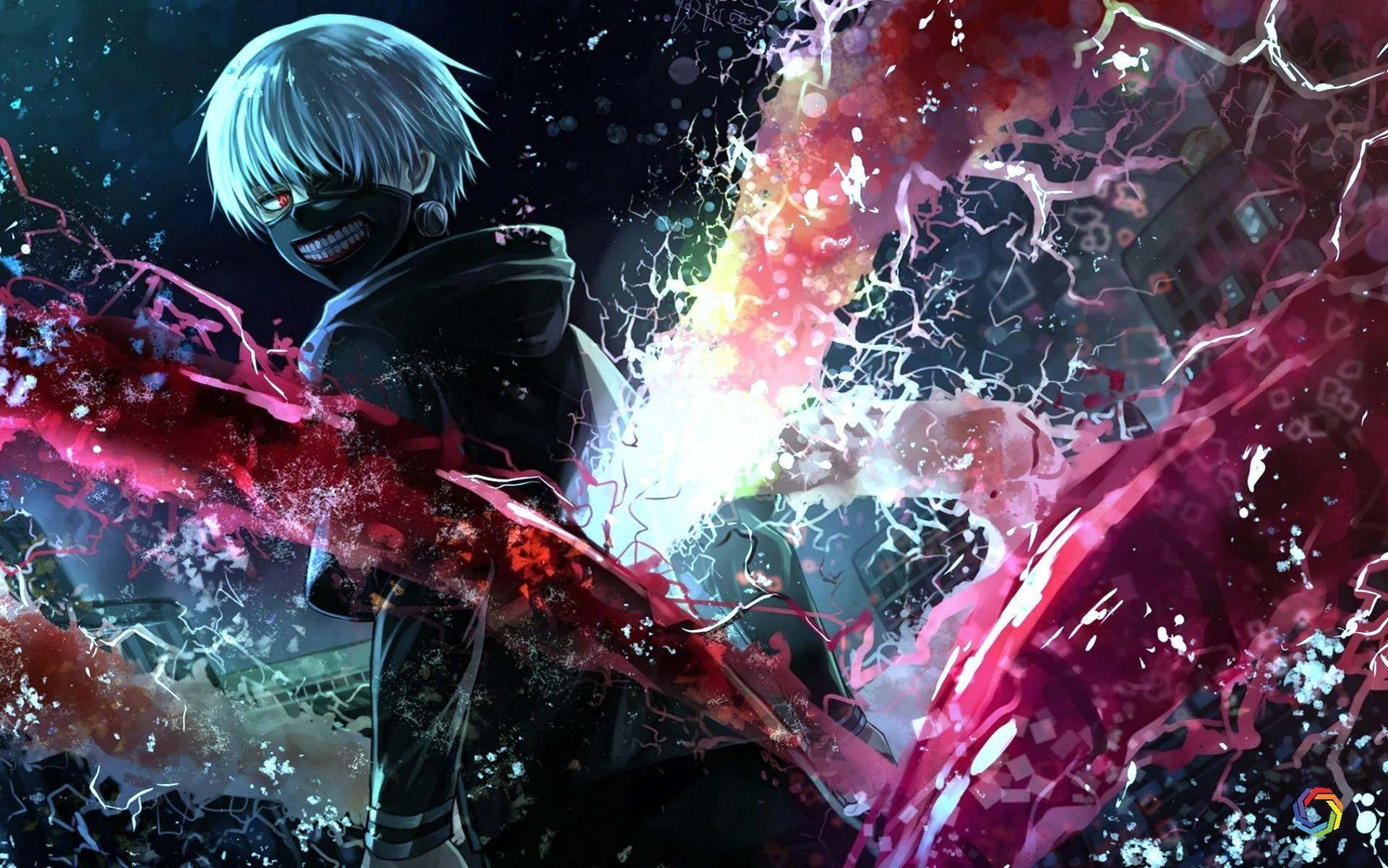 Kaneki glances over his shoulder in a dark hood while red and teal paint bursts fill the frame, his single red eye showing through white hair.