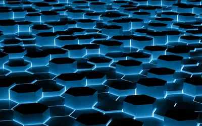 A field of dark hexagon tiles recedes into the distance with electric blue light running along every seam.