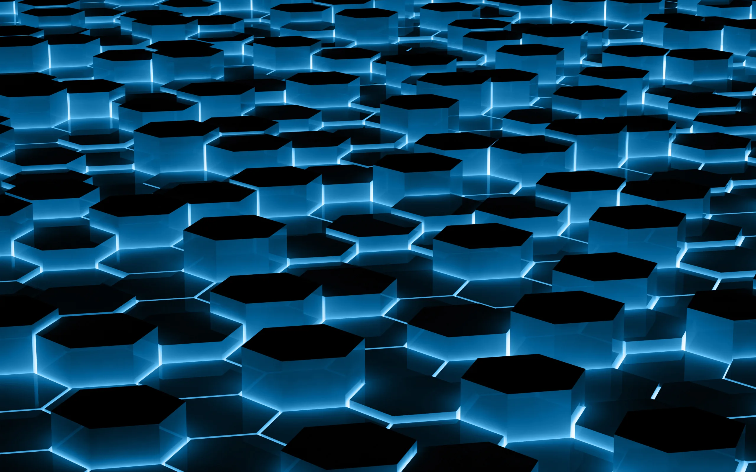A field of dark hexagon tiles recedes into the distance with electric blue light running along every seam.