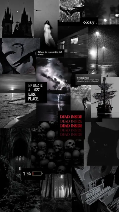 Cathedral spires, a lighthouse in fog, a shipwreck and a heap of skulls crowd together, with red DEAD INSIDE lettering repeating down the right side.