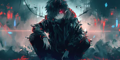 A hooded anime boy with red glowing eyes crouches in drifting smoke, a red and blue cyberpunk skyline burning out behind him.